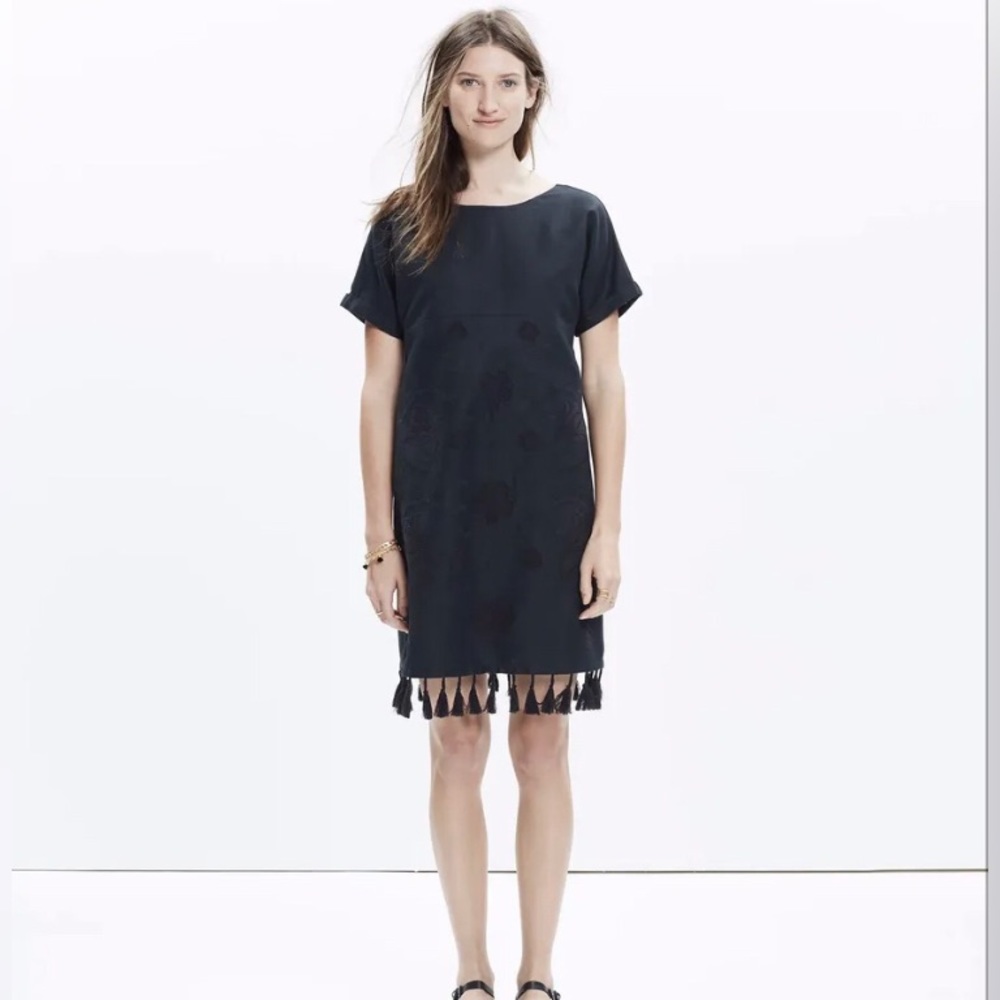 NWT Madewell Womens embroidered tassel tee dress black XXS F1410